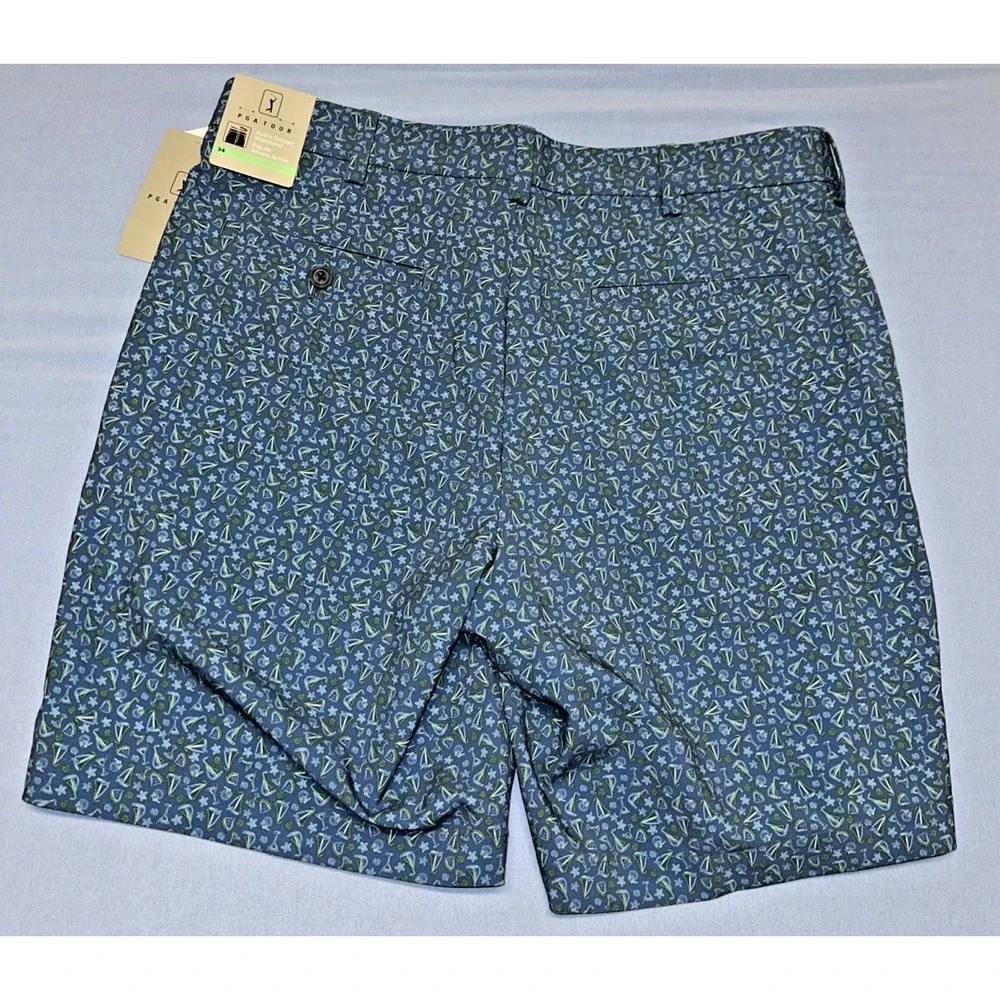 PGA Tour Men Sze 34 Golf Shorts Wicking Stretch Sailboat & Cocktails UPF 50 Navy